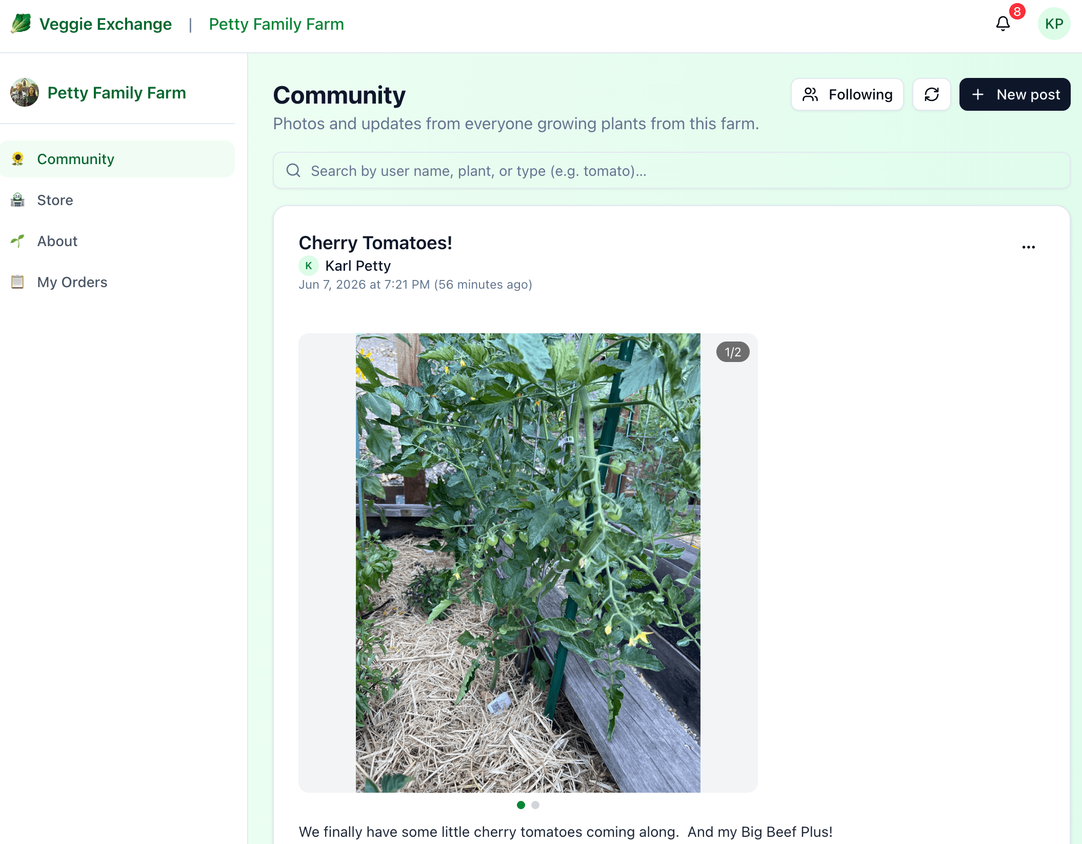 Community page on a farm showing a post about Cherry Tomatoes with a photo of tomato plants growing in a raised bed