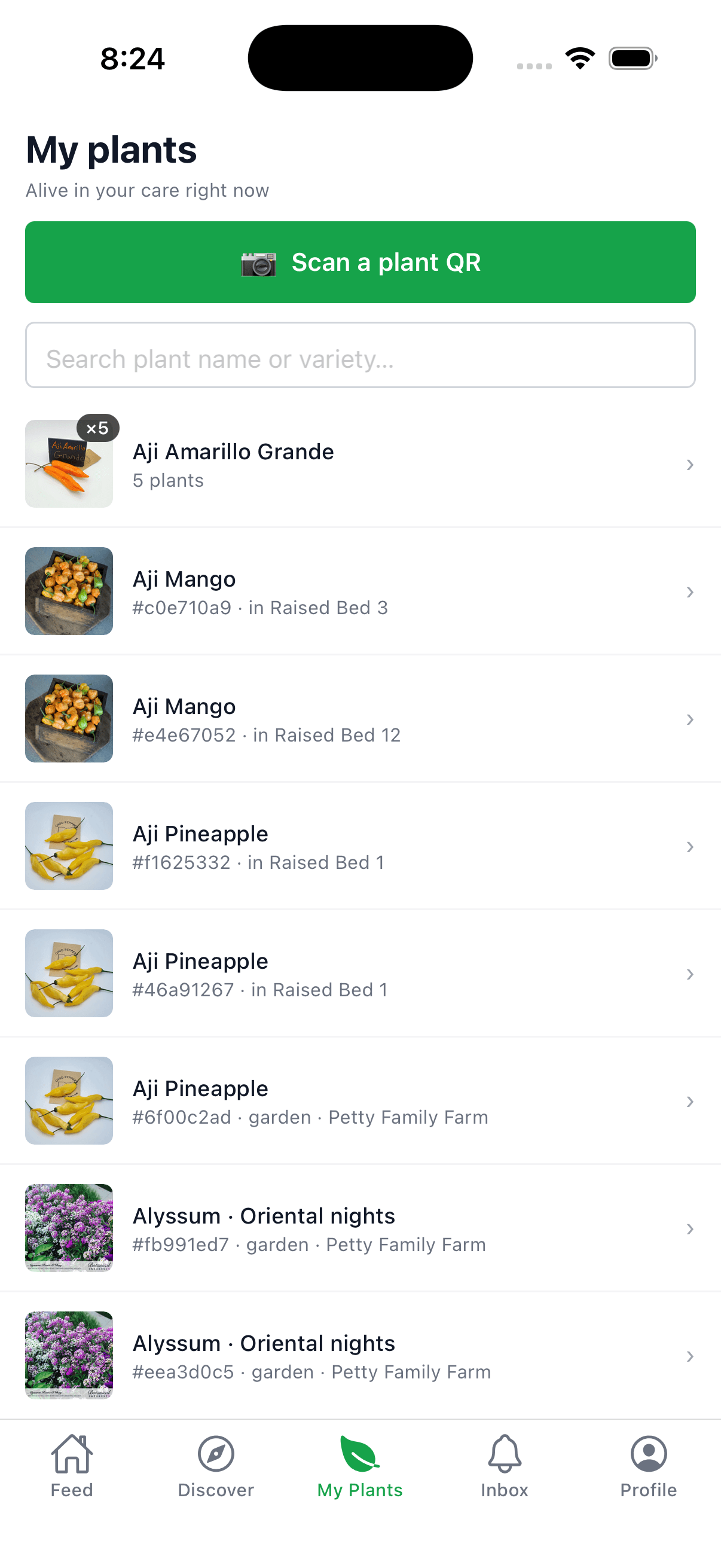 My Plants tab on the iOS app — searchable list of every plant currently in your care, with a Scan QR button at the top