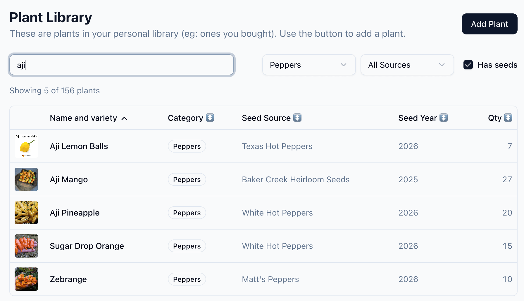 Plant library page showing a filtered list of pepper varieties with seed source and seed year columns